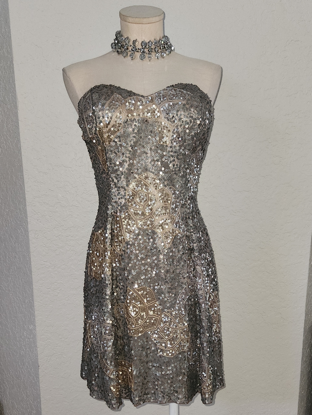 Scala Strapless Sequined Cocktail Dress in Silver and Gold